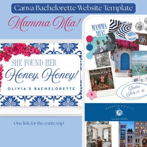 Puede incluir: Una plantilla de sitio web de Canva para despedida de soltera mostrada en una pantalla de portátil y smartphone. El diseño presenta patrones de azulejos azules y blancos, flores de buganvilla rosas y el texto She Found Her Honey, Honey! Olivia's Bachelorette.