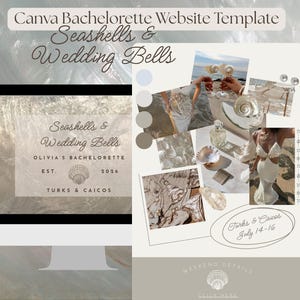 May include: A Canva bachelorette website template titled Seashells & Wedding Bells featuring a computer monitor displaying event details for Olivia's Bachelorette in Turks & Caicos 2026, alongside a collage of beach-themed photos and event information.