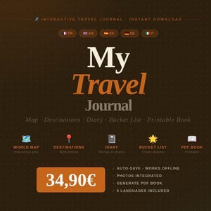Interactive travel journal | World map destinations diary bucket list | Printable PDF book 5 languages