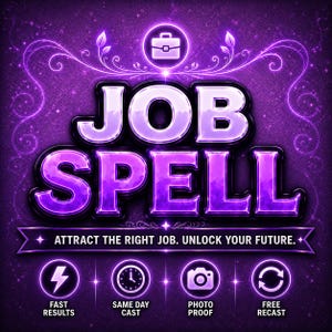 Op de afbeelding: Een paars grafisch ontwerp met de tekst JOB SPELL, een aktetas-icoon erboven en de zin ATTRACT THE RIGHT JOB. UNLOCK YOUR FUTURE. eronder. Vier cirkelvormige iconen tonen een bliksemschicht, klok, camera en pijlen met bijbehorende tekstlabels.
