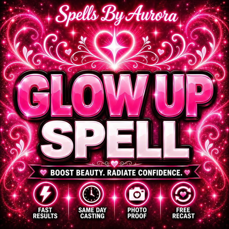 May include: A digital graphic with a bright pink and white glowing background featuring the text Spells By Aurora, GLOW UP SPELL, and BOOST BEAUTY. RADIATE CONFIDENCE. It includes four circular icons for FAST RESULTS, SAME DAY CASTING, PHOTO PROOF, and FREE RECAST.