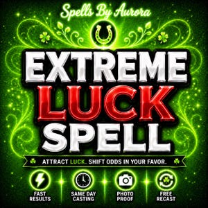 May include: A digital graphic with a green background featuring the text Spells By Aurora at the top and EXTREME LUCK SPELL in large white and red letters. Below is the text ATTRACT LUCK. SHIFT ODDS IN YOUR FAVOR. with four icons below.
