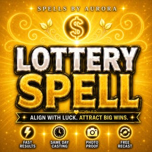 Może przedstawiać: Cyfrowa grafika ze złotym tłem, zawierająca u góry tekst SPELLS BY AURORA, ikonę znaku dolara oraz słowa LOTTERY SPELL dużymi metalicznymi literami. Poniżej znajduje się tekst ALIGN WITH LUCK. ATTRACT BIG WINS. oraz cztery ikony.