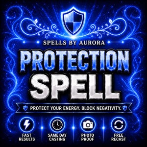 Könnte beinhalten: Eine digitale Grafik mit dunkelblauem Hintergrund, leuchtenden hellblauen Schnörkeln und einem zentralen Schildsymbol. Der Text lautet: SPELLS BY AURORA, PROTECTION SPELL, PROTECT YOUR ENERGY. BLOCK NEGATIVITY. Symbole zeigen FAST RESULTS, SAME DAY CASTING, PHOTO PROOF, FREE RECAST.