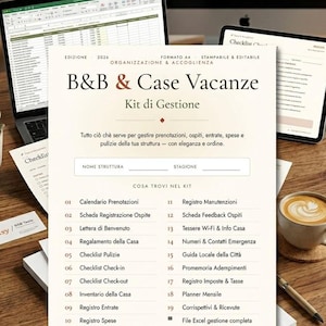 Pode incluir: Um kit de gestão em formato A4 para B&B e casas de férias intitulado B&B & Case Vacanze Kit di Gestione. O documento lista dezenove seções organizacionais, incluindo calendários de reservas, registro de hóspedes e listas de verificação de limpeza.