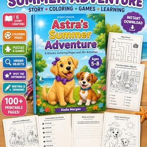 Printable Summer Activity Book for Kids Ages 5-8, Storybook and Activities, Coloring Pages, Mazes, Hidden Objects, Instant PDF Download