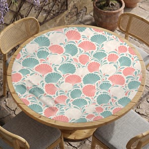 Coral Coastal Fans Round Mahjong Mat, Circular American Mah Jongg Playmat, Table Pattern