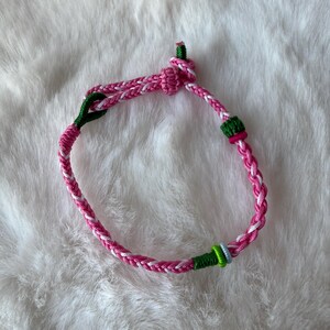 Handmade Pink and White Braided Cord Bracelet, Adjustable Green Knotted Friendship Jewelry, Colorful Boho Thread Gift for Her