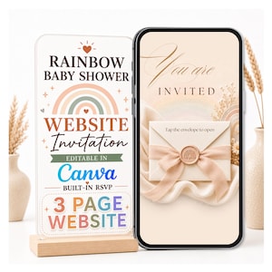 Könnte beinhalten: Ein rechteckiges Acrylschild auf einem Holzsockel mit der Aufschrift RAINBOW BABY SHOWER WEBSITE Invitation EDITABLE IN Canva BUILT-IN RSVP 3 PAGE WEBSITE neben einem Smartphone, das eine Einladung mit Umschlag und dem Text You are INVITED zeigt.