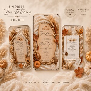 Könnte beinhalten: Ein Set aus drei mobilen Babyparty-Einladungen im Herbst-Design mit Kürbissen, getrocknetem Weizen und Herbstblättern. Die digitalen Vorlagen enthalten Texte wie A little pumpkin is on the way, Olivia Grace sowie Veranstaltungsdetails.
