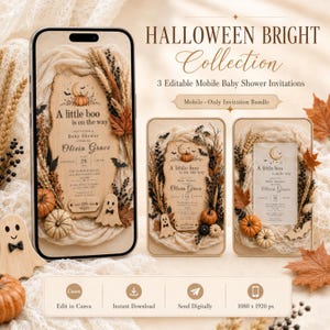 Könnte beinhalten: Eine digitale Anzeige von drei Babyparty-Einladungen zum Thema Halloween mit dem Text A little boo is on the way, Kürbissen, Geistern und getrocknetem Laub. Die Grafik enthält den Titel Halloween Bright Collection und 1080 x 1920 px.