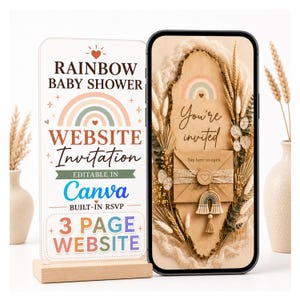 Könnte beinhalten: Ein vertikales Acrylschild auf einem Holzsockel neben einem Smartphone, das eine digitale Einladung anzeigt. Das Schild enthält den Text RAINBOW BABY SHOWER WEBSITE INVITATION EDITABLE IN Canva BUILT-IN RSVP 3 PAGE WEBSITE mit Regenbogen.