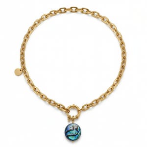 May include: A gold-toned chain necklace featuring thick, interlocking oval links. The necklace includes a circular clasp at the front, from which hangs a round, iridescent abalone shell pendant displaying swirling blue and green hues.