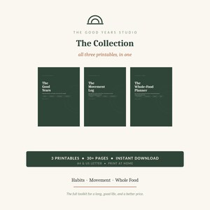 May include: A digital collection of three printable planners titled The Good Years, The Movement Log, and The Whole-Food Planner. The dark green documents feature white text, minimalist line graphics, and a total of 30+ pages for home printing.