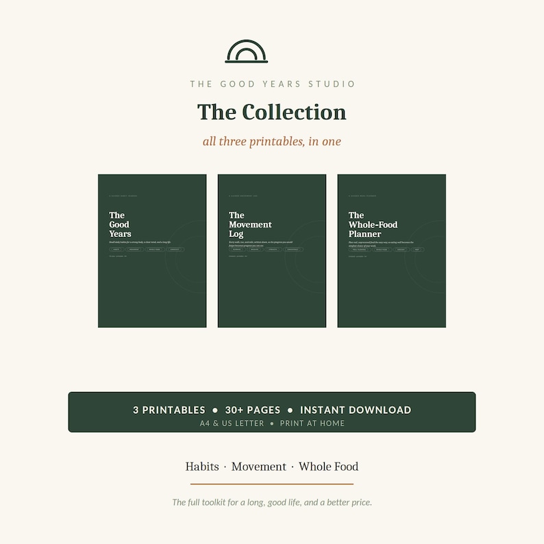 May include: A digital collection of three printable planners titled The Good Years, The Movement Log, and The Whole-Food Planner. The dark green documents feature white text, minimalist line graphics, and a total of 30+ pages for home printing.