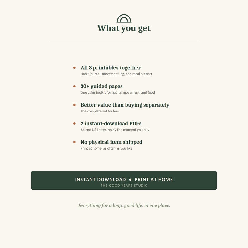 May include: A digital product information graphic with the heading What you get, listing features including 3 printables, 30+ guided pages, and instant-download PDFs in A4 and US Letter sizes. A dark green button reads INSTANT DOWNLOAD PRINT AT HOME.