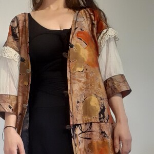 Upcycled Bohemian Kimono Duster: Vintage Lace Trim, Tulle Sleeves