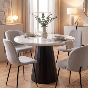 Set da pranzo rotondo bianco tempesta, mobili moderni scandinavi, design con piedistallo bianco, arredamento contemporaneo per la cucina.
