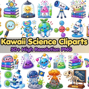 May include: A collection of colorful science-themed clip art featuring smiling characters including test tubes, microscopes, a dinosaur, a globe, a volcano, DNA strands, books, and an astronaut, with the text Kawaii Science Cliparts 50+ High Resolution PNG.