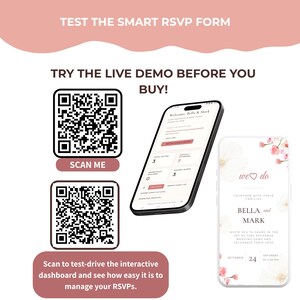 May include: A digital display featuring two QR codes labeled SCAN ME, a smartphone showing a guest attendance dashboard, and a second smartphone displaying a wedding invitation with floral accents and the text Bella and Mark, October 24.