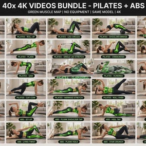 May include: A digital bundle of 40 4K exercise videos titled 40x 4K VIDEOS BUNDLE - PILATES + ABS. The image features a grid of 30 individual frames showing a person performing various Pilates and abdominal exercises with green muscle map overlays.