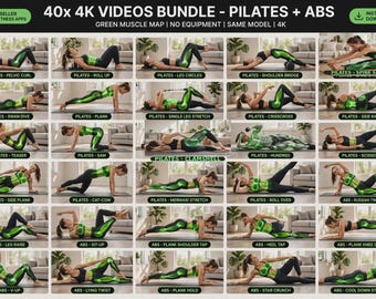 Home Pilates & Abs 4K Video Bundle | 40x Green Muscle Map MP4 Pack Voiceover Home Workout | Commercial Use Reels TikTok App Creators