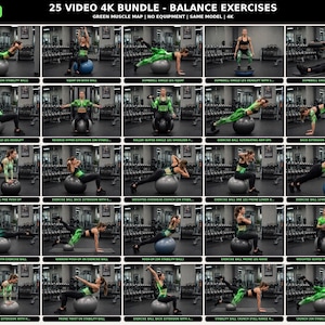 May include: A digital bundle of 25 4K exercise videos titled 25 VIDEO 4K BUNDLE - BALANCE EXERCISES. The image displays a grid of 25 individual frames showing a person performing various fitness movements using a stability ball in a gym setting.