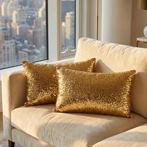 Gold or Silver Pillow Cover Set of 2, Sequin Lumbar Cushion Pair