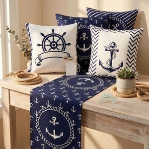 Nautische tafeldecoratie, 5-delige marineblauwe kussensloopset met tafelloper