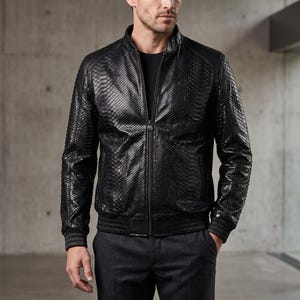 Men's Black Snake Print Embossed Leather Jacket, Genuine Leather Python Texture Bomber Coat, Stand Collar Ribbed Cuff Jacket