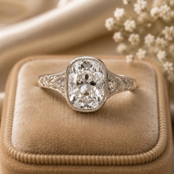Vintage Cushion Cut Moissanite Engagement Ring, 925 Sterling Silver Art Deco Solitaire Bridal Ring