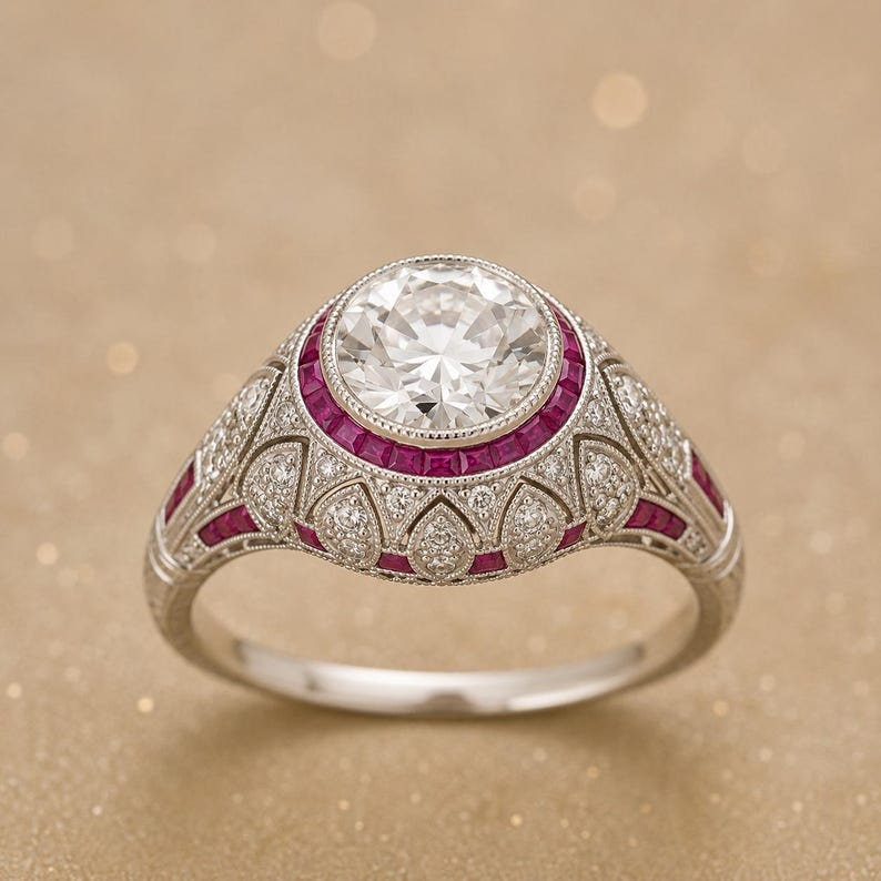 Peut inclure: Une bague argent&eacute;e orn&eacute;e d'une grande pierre centrale ronde et transparente, entour&eacute;e d'un halo de petits rubis rouge fonc&eacute; taill&eacute;s en carr&eacute;. L'anneau et le sertissage pr&eacute;sentent des d&eacute;tails complexes avec de petites pierres blanches.