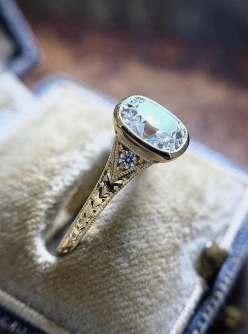 Vintage Cushion Cut Moissanite Engagement Ring, 925 Sterling Silver Art Deco Solitaire Bridal Ring image 3