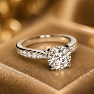 Puede incluir: Un anillo de metal plateado con una gran piedra preciosa transparente de talla brillante redonda, sujeta por cuatro garras. La banda está adornada con una hilera de piedras transparentes redondas más pequeñas en pavé a cada lado.
