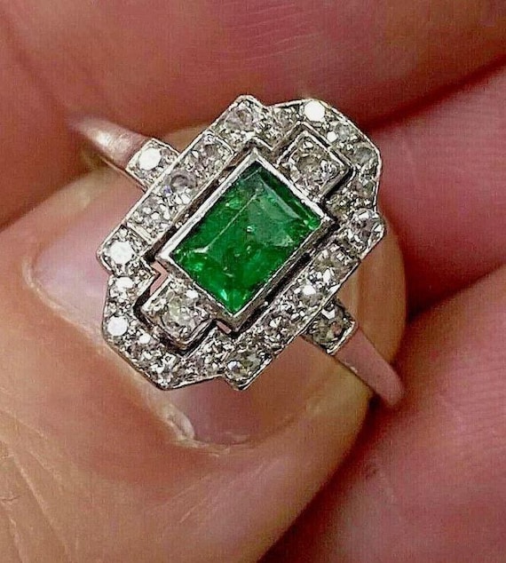 Art Deco Emerald Ring, Sterling Silver 925, Geometric Vintage Engagement Ring