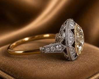 Bague diamant art déco champagne, halo ovale, or bicolore, bague de fiançailles vintage