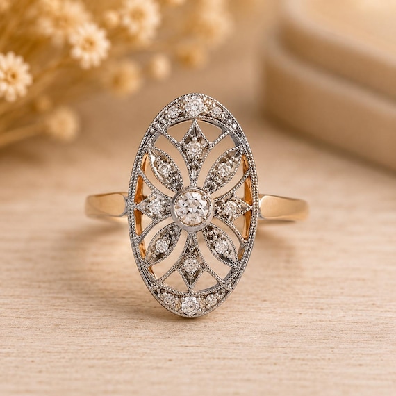 Art Déco Filigran Moissanit Ring, 925 Sterling Silber Vergoldeter Vintage Statement Ring