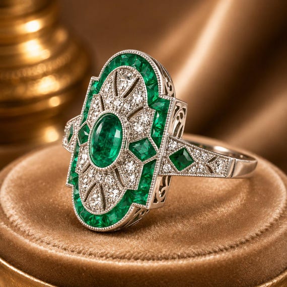 Art Deco Emerald Moissanite Ring 925 Sterling Silver Vintage Halo Statement Ring