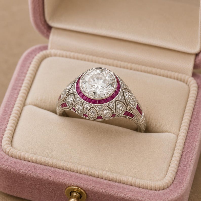 Peut inclure: Une bague argent&eacute;e orn&eacute;e d'une grande pierre centrale ronde entour&eacute;e d'un halo de petites pierres rouges. L'anneau et le sertissage pr&eacute;sentent des d&eacute;tails m&eacute;talliques complexes et de petites pierres claires, dans un &eacute;crin en velours rose.