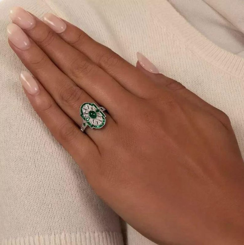 Art Deco Emerald Moissanite Ring 925 Sterling Silver Vintage Halo Statement Ring image 3