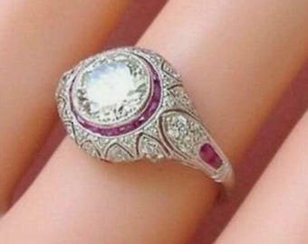 Art Deco Target Ring, Sterling Silver, Ruby Moissanite Engagement Cocktail Ring