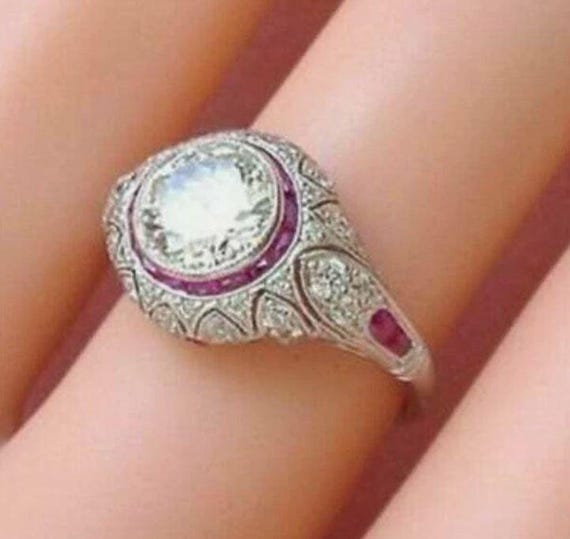Art Deco Target Ring, Sterling Silver, Ruby Moissanite Engagement Cocktail Ring