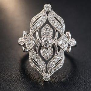 May include: A silver-toned ring featuring an elongated, openwork filigree design set with numerous small, round, clear stones. The centerpiece includes a larger round stone surrounded by intricate metalwork and milgrain detailing throughout.