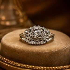 May include: A silver-toned engagement ring set featuring a central round-cut stone surrounded by a geometric halo of smaller pav&eacute;-set stones. The set includes a matching curved band adorned with a row of small round stones along the top edge.