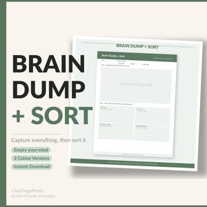 May include: A digital printable planner page titled Brain Dump + Sort with a dark green header and white background. The layout includes a large lined section for writing, followed by four categorized boxes for sorting tasks by priority and energy level.