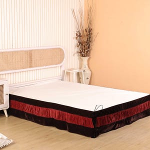 Two-Tone Velvet Bed Skirt, Brown with Burgundy Ruffle, Custom Drop Length, King Bedspread, Luxury Bedding, Vintage & Modern Bedroom Decor