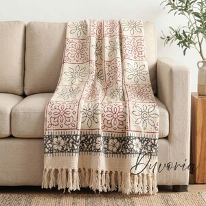 Boho Cotton Throw Blanket, Cream Black Red Block Print, Fringe Farmhouse Decor