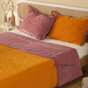 Reversible Velvet Quilt Set, Mustard Mauve Boho Bedspread with Shams (Queen/King)