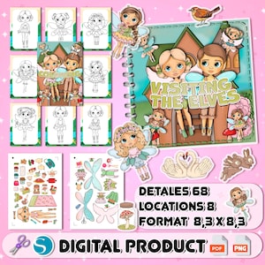 Pode incluir: Um livro de colorir digital intitulado Visiting The Elves com ilustrações de fadas, páginas de arte em preto e branco, acessórios de bonecas de papel e gráficos de cisnes e coelhos. Inclui 68 detalhes, 8 locais e formato 8,3 x 8,3 cm.