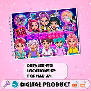 May include: A spiral-bound notebook cover featuring the text K-POP CITY in bold pink letters, surrounded by colorful cartoon characters with diverse hairstyles, smaller circular and rectangular scene inserts, and a vibrant neon-style background.